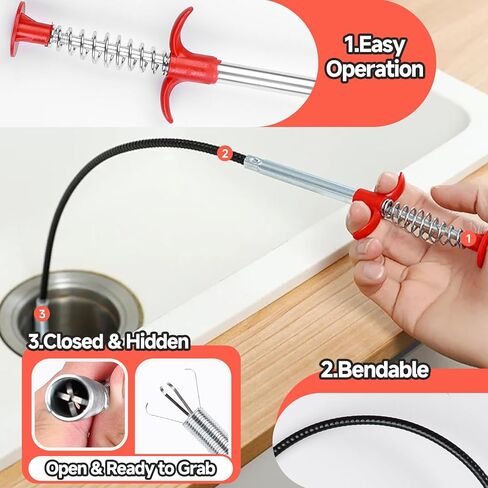 ثعبان الصرف، أداة التقاط بمخلب مرن للالتقاط، ملاقط طويلة لتصريف الحوض، مع 4 مخالب قابلة للانحناء، أداة مساعدة للوصول إلى خرطوم قابل للانحناء، تنظيف الشعر وغيرها من السدادات للمرحاض والحوض المنزلي in Kuwait