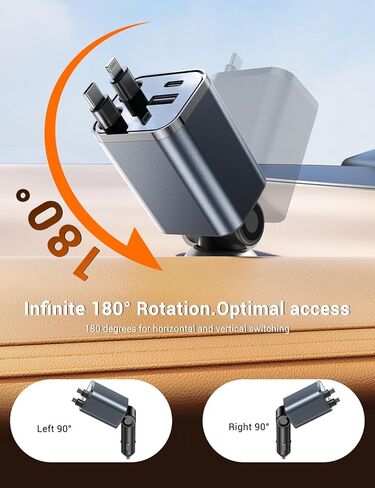 شاحن حائط قابل للسحب 4 في 1 مع منافذ USB مزدوجة وكابلات لايتنينج ونوع C مقاس 25.6 بوصة، وكتلة شحن سريع قابلة للطي بقدرة 84 وات متوافقة مع أجهزة iPad وiPhone 16/15 وairpods وGalaxy وPixel والمزيد in Kuwait