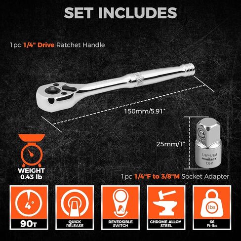 HORUSDY 1/4" Drive 90-Tooth Quick-Release Ratchet Handle with 1/4" to 3/8" Adapter, Reversible Thin Profile Socket Wrench, 4° Swing Arc, Ergonomic Anti-Slip Grip, Ideal for Auto, Bike & Home Repair in Saudi Arabia