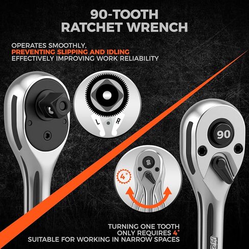 HORUSDY 1/4" Drive 90-Tooth Quick-Release Ratchet Handle with 1/4" to 3/8" Adapter, Reversible Thin Profile Socket Wrench, 4° Swing Arc, Ergonomic Anti-Slip Grip, Ideal for Auto, Bike & Home Repair in Saudi Arabia