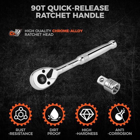 HORUSDY 1/4" Drive 90-Tooth Quick-Release Ratchet Handle with 1/4" to 3/8" Adapter, Reversible Thin Profile Socket Wrench, 4° Swing Arc, Ergonomic Anti-Slip Grip, Ideal for Auto, Bike & Home Repair in Saudi Arabia