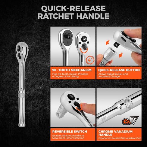 HORUSDY 1/4" Drive 90-Tooth Quick-Release Ratchet Handle with 1/4" to 3/8" Adapter, Reversible Thin Profile Socket Wrench, 4° Swing Arc, Ergonomic Anti-Slip Grip, Ideal for Auto, Bike & Home Repair in Saudi Arabia