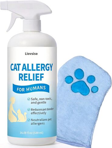 Cat Allergen Spray, Cat Allergy Relief for Humans - Helps Reduce Pet Dander with Chamomile & Green Tea - No Bath Required, Includes Applicator Mitt, 16.09 oz in Kuwait