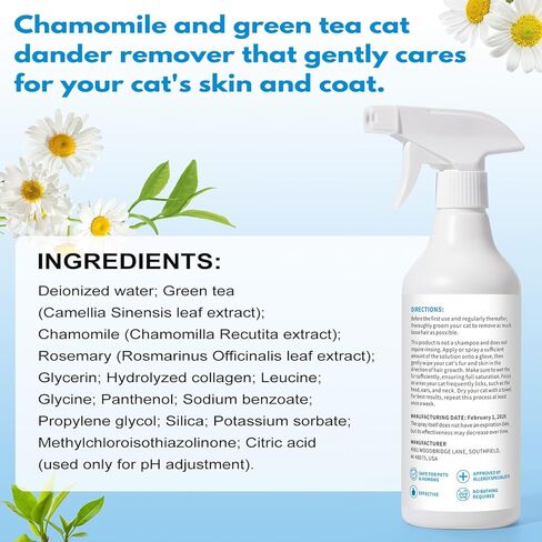 Cat Allergen Spray, Cat Allergy Relief for Humans - Helps Reduce Pet Dander with Chamomile & Green Tea - No Bath Required, Includes Applicator Mitt, 16.09 oz in Kuwait