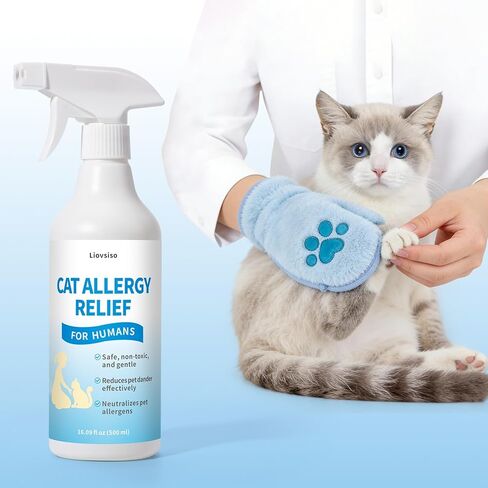 Cat Allergen Spray, Cat Allergy Relief for Humans - Helps Reduce Pet Dander with Chamomile & Green Tea - No Bath Required, Includes Applicator Mitt, 16.09 oz in Kuwait