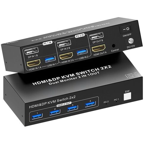 HDMI KVM Switch 2 Monitors 2 Computers 4K@60Hz, Dual Monitor KVM Switcher 2 PC Extended Display for 2 Port Share 4 USB 3.0 Ports, Wired Remote & 2 USB 3.0 Cables Included in Kuwait