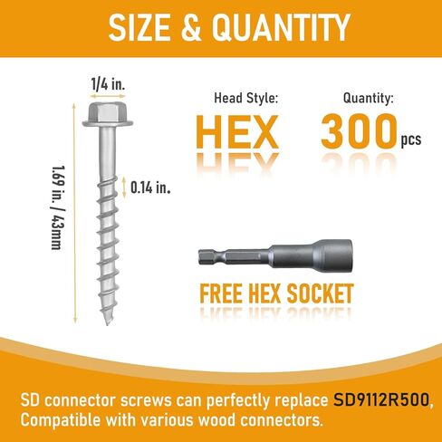 (300 Pack) #9 x 1-1/2" Heavy Duty Joist Hanger Screws, 1/4" Hex Head Wood Screws with 0.370" Dia Deck Screws, Replace SD9112R500 10D Nails in Kuwait