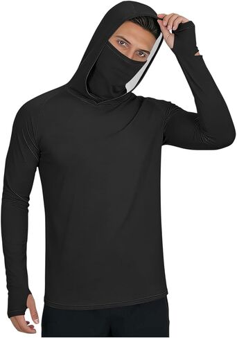 Men's UPF 50+ Fishing Sun Hoodie UV Protection Long Sleeve Hooded Shirts with Thumb Holes and Mask for Outdoor Hiking in Saudi Arabia