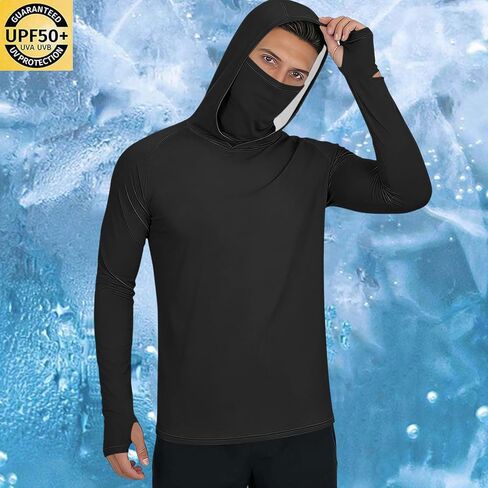 Men's UPF 50+ Fishing Sun Hoodie UV Protection Long Sleeve Hooded Shirts with Thumb Holes and Mask for Outdoor Hiking in Saudi Arabia