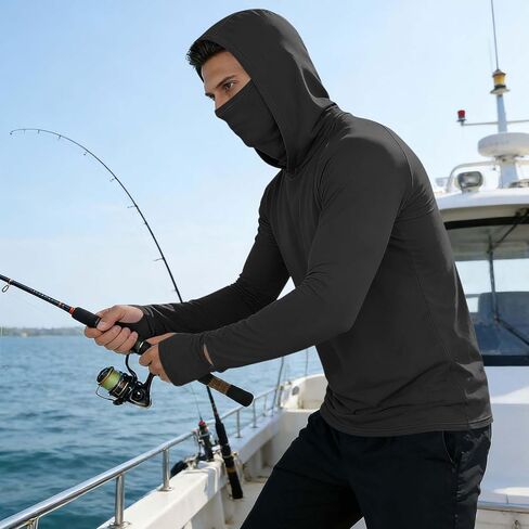 Men's UPF 50+ Fishing Sun Hoodie UV Protection Long Sleeve Hooded Shirts with Thumb Holes and Mask for Outdoor Hiking in Saudi Arabia