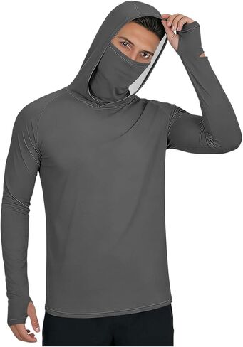 Men's UPF 50+ Fishing Sun Hoodie UV Protection Long Sleeve Hooded Shirts with Thumb Holes and Mask for Outdoor Hiking in Saudi Arabia
