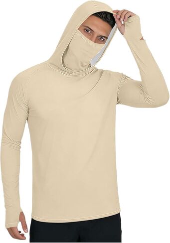 Men's UPF 50+ Fishing Sun Hoodie UV Protection Long Sleeve Hooded Shirts with Thumb Holes and Mask for Outdoor Hiking in Saudi Arabia