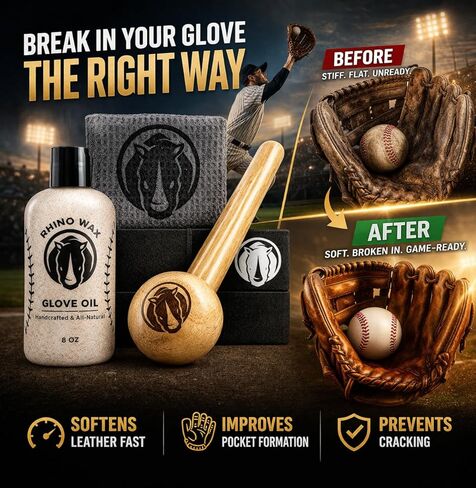 Rhino Wax - Baseball Glove Break-in Essentials Kit - Includes Premium Oil for Ball Gloves, Mallet for Breaking in, Shaping Wrap, and Microfiber Cloth - Everything to Get Your Glove Game Ready in Kuwait