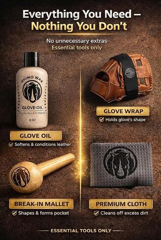 Rhino Wax - Baseball Glove Break-in Essentials Kit - Includes Premium Oil for Ball Gloves, Mallet for Breaking in, Shaping Wrap, and Microfiber Cloth - Everything to Get Your Glove Game Ready in Kuwait