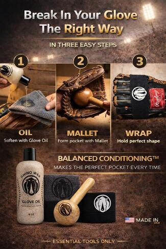 Rhino Wax - Baseball Glove Break-in Essentials Kit - Includes Premium Oil for Ball Gloves, Mallet for Breaking in, Shaping Wrap, and Microfiber Cloth - Everything to Get Your Glove Game Ready in Kuwait