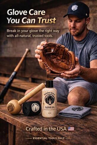 Rhino Wax - Baseball Glove Break-in Essentials Kit - Includes Premium Oil for Ball Gloves, Mallet for Breaking in, Shaping Wrap, and Microfiber Cloth - Everything to Get Your Glove Game Ready in Kuwait