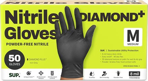 قفازات نيتريل فائقة التحمل، 8 مل، نسيج ماسي، مسحوق مقاوم للمواد الكيميائية، وخالي من اللاتكس، آمن للطعام باللون الأسود، 50 قيراط in Kuwait