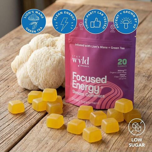 Stay Wyld Organics, Focused Energy+ Mushroom Gummies, 20 Servings, with Lion's Mane & Green Tea - Clean Energy Mushroom Supplement, Mental Focus Gummies, Lions Mane Supplement, Low Sugar & Gluten-Free in Saudi Arabia