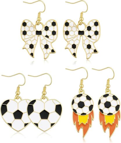 World Soccer Cup Dangle Earrings Set for Women, 3 Pairs Bow Heart Sports Drop Earrings, Football Womens Cute Earrings, Statement Game Day Jewelry for Fans Players in Kuwait