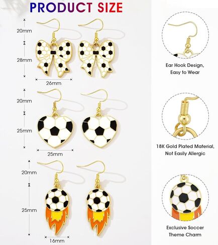 World Soccer Cup Dangle Earrings Set for Women, 3 Pairs Bow Heart Sports Drop Earrings, Football Womens Cute Earrings, Statement Game Day Jewelry for Fans Players in Kuwait