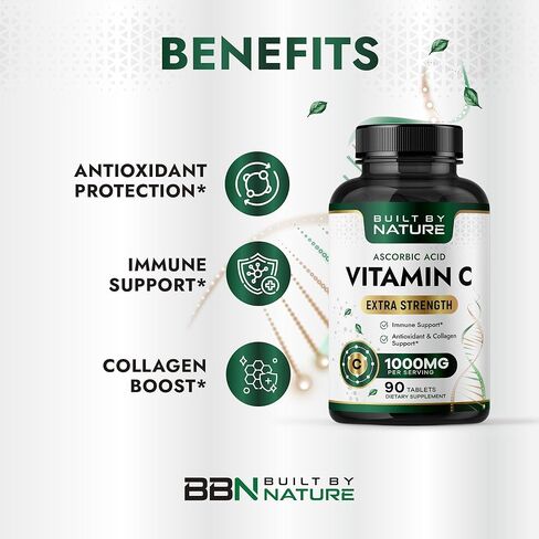 Built by Nature Vitamin C 1000mg – High Potency Immune Support Supplement – Vitamina C Antioxidant for Women & Men – Supports Energy, Skin & Collagen - 90 Tablets in Saudi Arabia