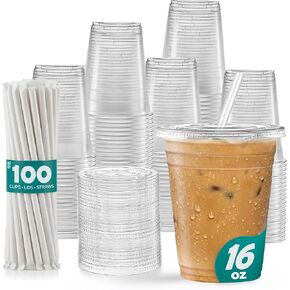 غوستو - 16 أونصة - 100 مجموعة - أكواب بلاستيكية شفافة بأغطية وقش - فناجين قهوة مثلجة يمكن التخلص منها للمشروبات الباردة والعصائر والبوبا والمشروبات المحمولة - قوية وسهلة الفصل in Kuwait