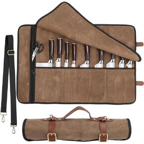 Knife Roll with Leather Straps and Metal Buckles, Double Layer Waxed Canvas Knife Bag, Large Chef Knife Bag with Handle and Shoulder Strap in Kuwait