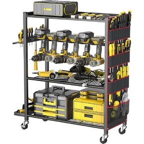 WALMANN 4-Tier Rolling Power Tool Storage Cart, Large Drill Organizer with Slots for 12 Drills, Floor Standing Cordless Tool Rack with Wheels for Garage & Workshop in Kuwait