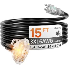50 قدم 16/3 awg 3 منافذ تمديد سلك مقسم مع مؤشر، سلك تمديد خارجي مقاوم للماء مع منافذ متعددة، 13 أمبير 1625 وات للمنزل وورشة العمل، قائمة ETL، أسود SJTW in Kuwait