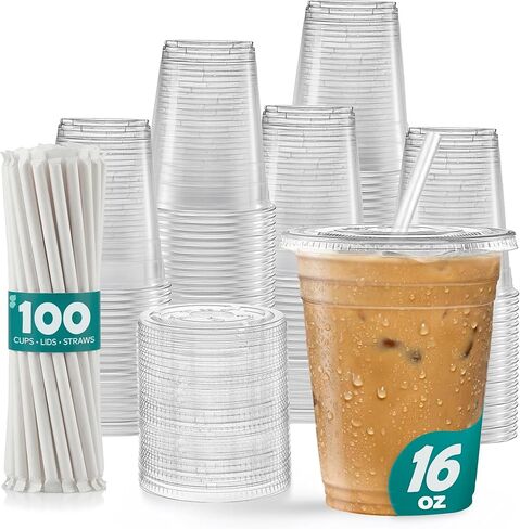 غوستو - 16 أونصة - 100 مجموعة - أكواب بلاستيكية شفافة بأغطية وقش - فناجين قهوة مثلجة يمكن التخلص منها للمشروبات الباردة والعصائر والبوبا والمشروبات المحمولة - قوية وسهلة الفصل in Kuwait