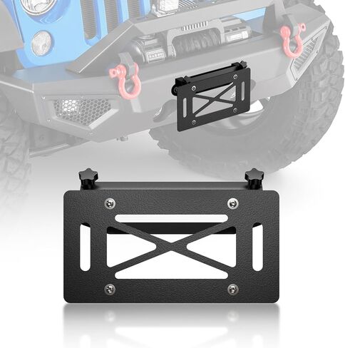 Universal Flip-Up Winch Mounting License Plate Frame Compatible with 10" Hawse Fairlead, Front License Holder Bracket Relocation, Bumper Winch Mount Roller, Fits Most Off-Road Cars Trucks SUVs in Saudi Arabia