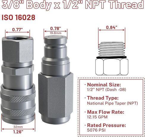 مجموعة قارنة التوصيل السريع الهيدروليكية ذات الوجه المسطح 3/8 بوصة، خيط NPT 1/2 بوصة، 5076 رطل لكل بوصة مربعة، ISO 16028 مع أغطية الغبار in Kuwait