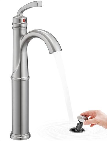 صنبور سفينة نحاسية من النيكل المصقول، صنبور طويل القامة بفتحة واحدة لحوض الحمام بمقبض واحد، تصريف منبثق وخراطيم مياه cUPC، نمط مهوية كلاسيكي لحوض السفينة، تركيب سريع لمدة 5 دقائق in Kuwait