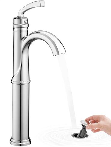 Brass Vessel Faucet Brushed Nickel, 1 Hole Tall Faucet for Bathroom Sink with Single Handle, Pop Up Drain & cUPC Water Hoses, Classic Aerator Style for Vessel Sink, 5 Mins Quick Installation in Saudi Arabia