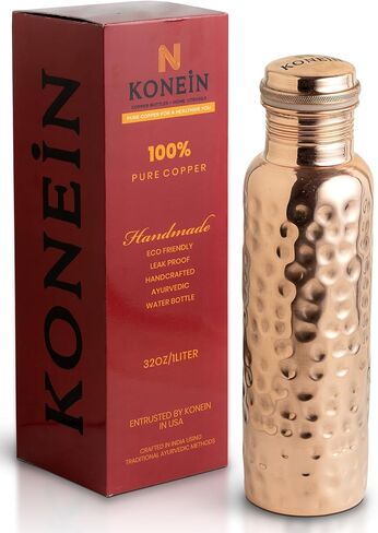 100% Copper Water Bottle, Hammered Finish Design, (34 Oz/1000ml), Copper Bottle for Drinking water with Nature Health Benefits, Leak-Proof, Durable & Eco-friendly, Ayurvedic water Bottle in Saudi Arabia