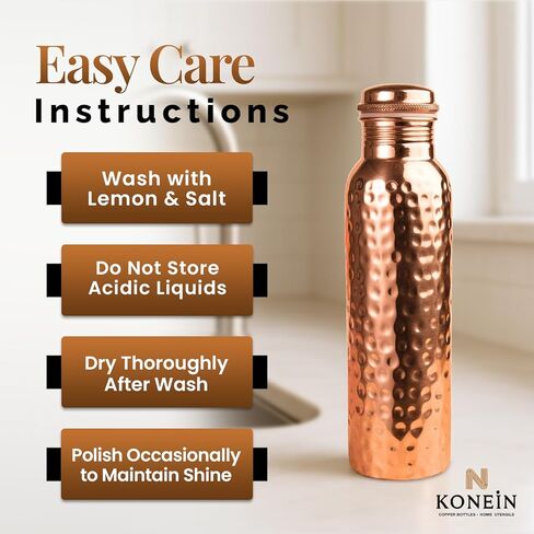 100% Copper Water Bottle, Hammered Finish Design, (34 Oz/1000ml), Copper Bottle for Drinking water with Nature Health Benefits, Leak-Proof, Durable & Eco-friendly, Ayurvedic water Bottle in Saudi Arabia