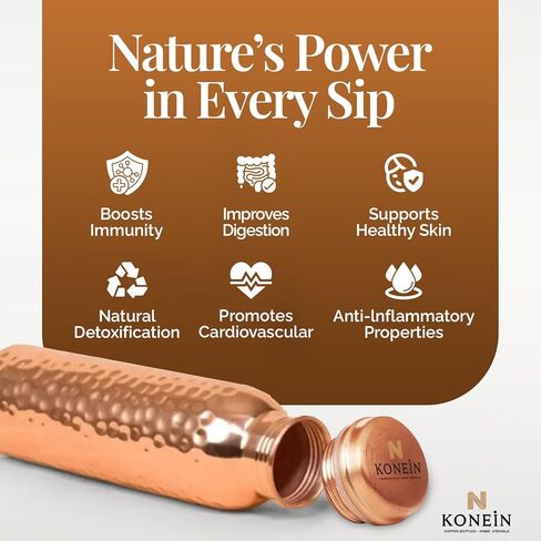 100% Copper Water Bottle, Hammered Finish Design, (34 Oz/1000ml), Copper Bottle for Drinking water with Nature Health Benefits, Leak-Proof, Durable & Eco-friendly, Ayurvedic water Bottle in Saudi Arabia