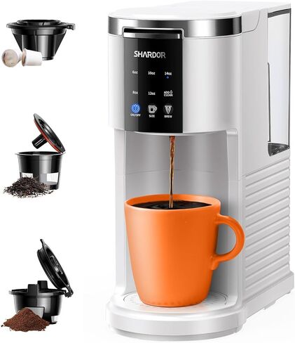 SHARDOR 3 in 1 Coffee Maker, K Cup Coffee Maker Compatible with Ground Coffee & Teas, Single Serve Coffee Machine, 6–14oz Brew Sizes, 40oz Detachable Water Reservoir, Descale Settings, White in Kuwait