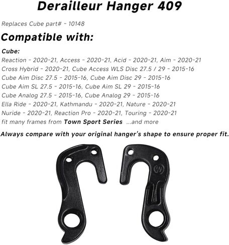 Derailleur Hanger 409 متوافقة مع جزء المكعب # 10148 - يناسب التفاعل، الوصول، الهدف، الحمض، التجول، كاتماندو، الطبيعة، نورايد - استبدال سبائك الألومنيوم للتسرب الخلفي - يشمل البراغي in Kuwait
