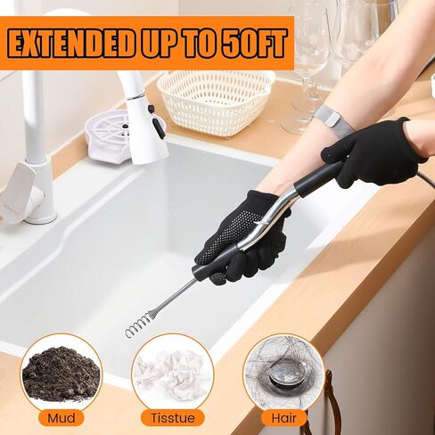 Threlaco 50 قدم استنزاف اوجير السباكة ثعبان للانسداد العميق الثقيل 1/4 "قطر كابلات السباكة المرنة استنزاف ثعبان للمطبخ الحمام دش بالوعة تنظيف قباقيب الصرف in Saudi Arabia