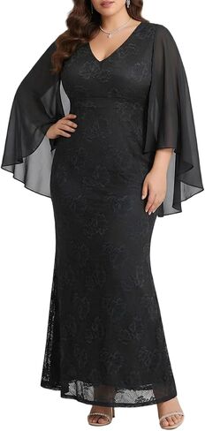 Plus Size Formal Dresses - Chiffon Capelet Ruffle Sleeves V Neck Lace Mermaid Evening Gown Prom Long Maxi Dresses 2025 in Saudi Arabia