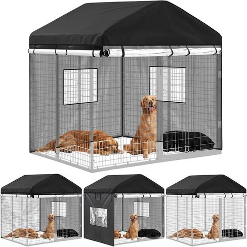 Outdoor Dog Kennel Cover 8'd x 4'w x 6'h Full Coverage 600d Oxford Fabric Windproof Waterproof Protection Anti UV with Clear PVC Window for Dog Kennels, Only The Cover in Saudi Arabia