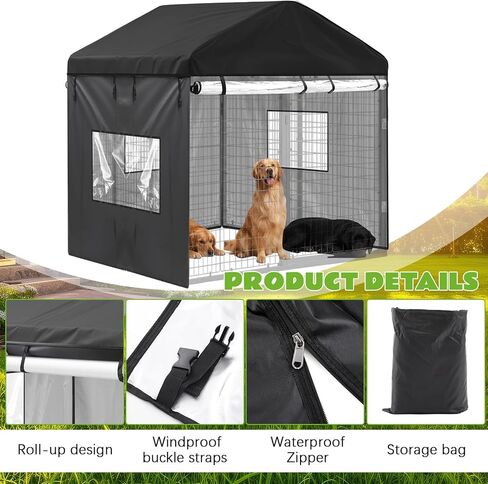 Outdoor Dog Kennel Cover 8'd x 4'w x 6'h Full Coverage 600d Oxford Fabric Windproof Waterproof Protection Anti UV with Clear PVC Window for Dog Kennels, Only The Cover in Saudi Arabia