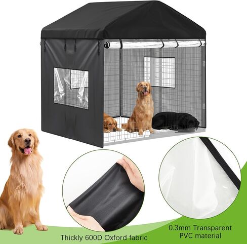 Outdoor Dog Kennel Cover 8'd x 4'w x 6'h Full Coverage 600d Oxford Fabric Windproof Waterproof Protection Anti UV with Clear PVC Window for Dog Kennels, Only The Cover in Saudi Arabia