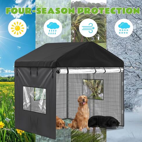 Outdoor Dog Kennel Cover 8'd x 4'w x 6'h Full Coverage 600d Oxford Fabric Windproof Waterproof Protection Anti UV with Clear PVC Window for Dog Kennels, Only The Cover in Saudi Arabia