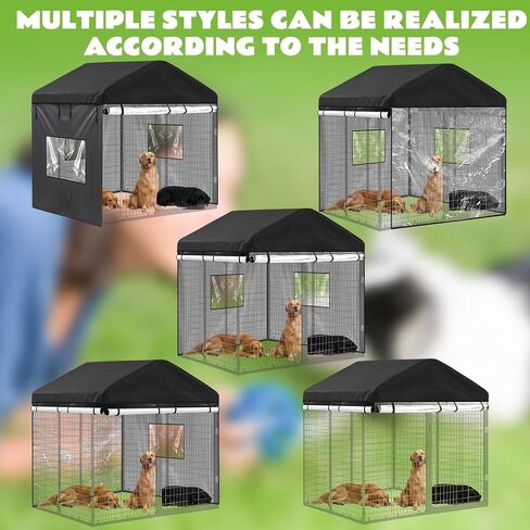 Outdoor Dog Kennel Cover 8'd x 4'w x 6'h Full Coverage 600d Oxford Fabric Windproof Waterproof Protection Anti UV with Clear PVC Window for Dog Kennels, Only The Cover in Saudi Arabia