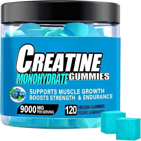 علكات الكرياتين مونوهيدرات، مركب 9000 مجم للرجال والنساء، علكات ما قبل التمرين مع BCAA، إل-كارنيتين، توراين وفيتامين ب12 لتعزيز القوة والطاقة ونمو العضلات، 0 سكر، نباتي - 120 قطعة in Saudi Arabia