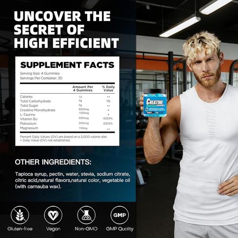 علكات الكرياتين مونوهيدرات، مركب 9000 مجم للرجال والنساء، علكات ما قبل التمرين مع BCAA، إل-كارنيتين، توراين وفيتامين ب12 لتعزيز القوة والطاقة ونمو العضلات، 0 سكر، نباتي - 120 قطعة in Saudi Arabia