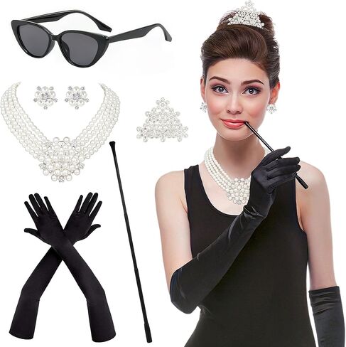 6 قطع من إكسسوارات العشرينيات من القرن العشرين، إكسسوارات كلاسيكية من العشرينيات للنساء من اللؤلؤ وقلادة وأقراط وقفازات ونظارات شمسية in Kuwait