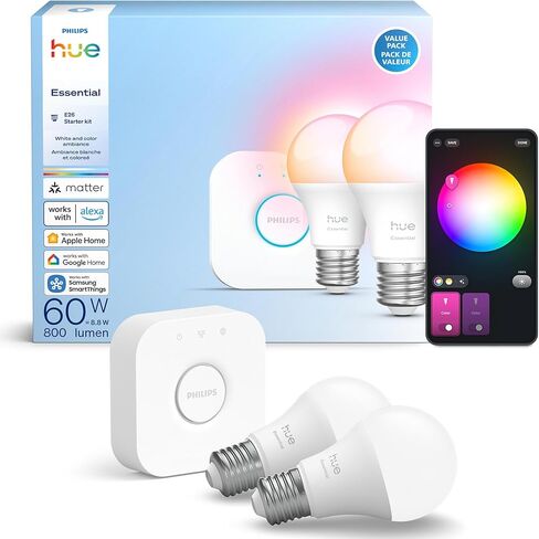 Philips Hue Essential Starter Kit: Bridge + 4 Essential E26 Smart Bulbs,White & Color Ambiance,2200K-6500K,Dimmable,Compatible with Alexa,Google,Samsung SmartThings,Apple Home in Saudi Arabia